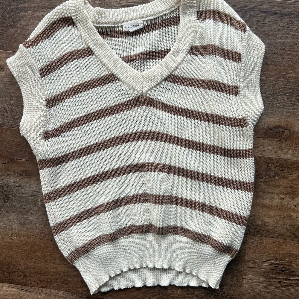 Beige and Brown Striped V-Neck Women's Sweater